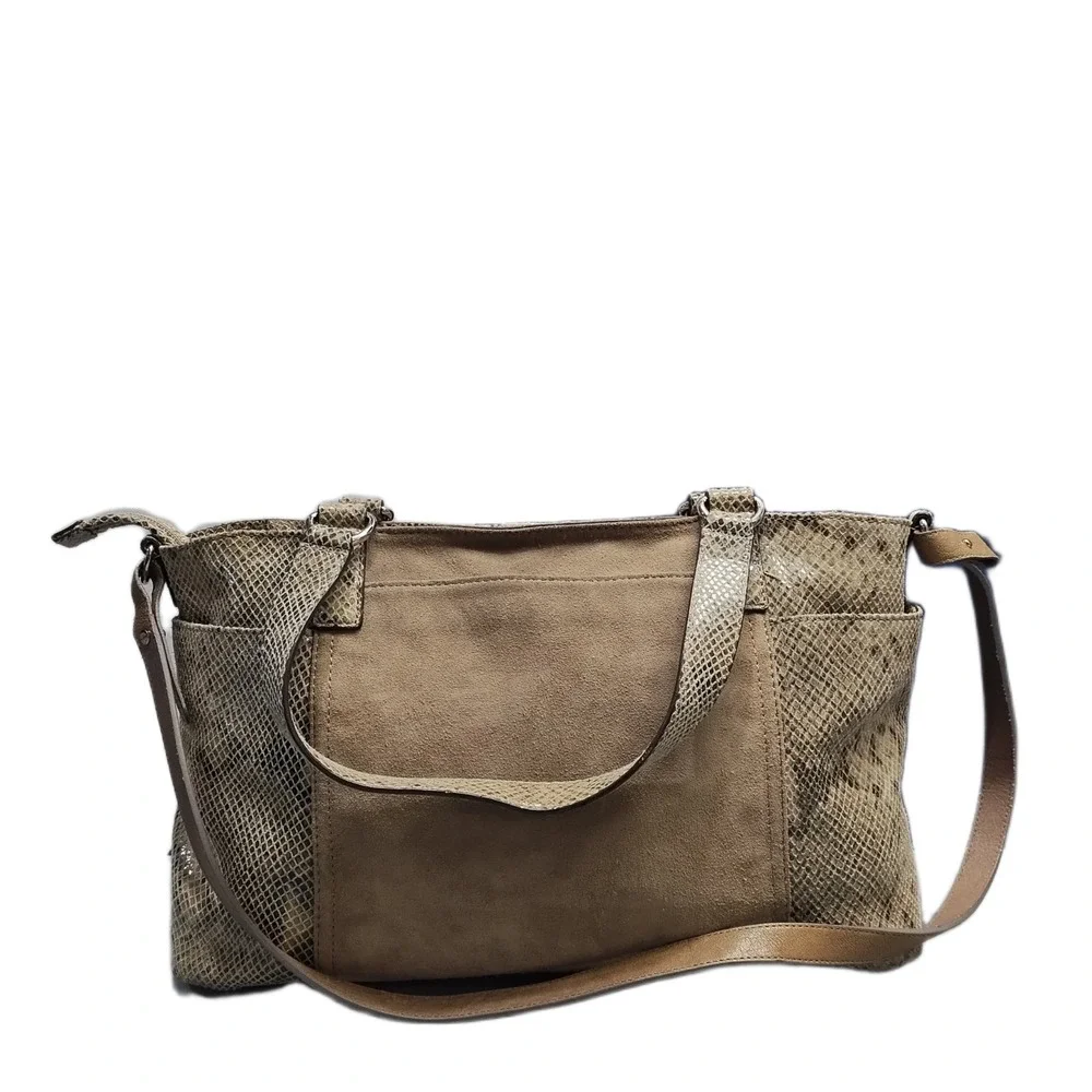 Michael Kors Shoulder Bag Womens Brown Snakeskin Print Suede Leather Zip Closure